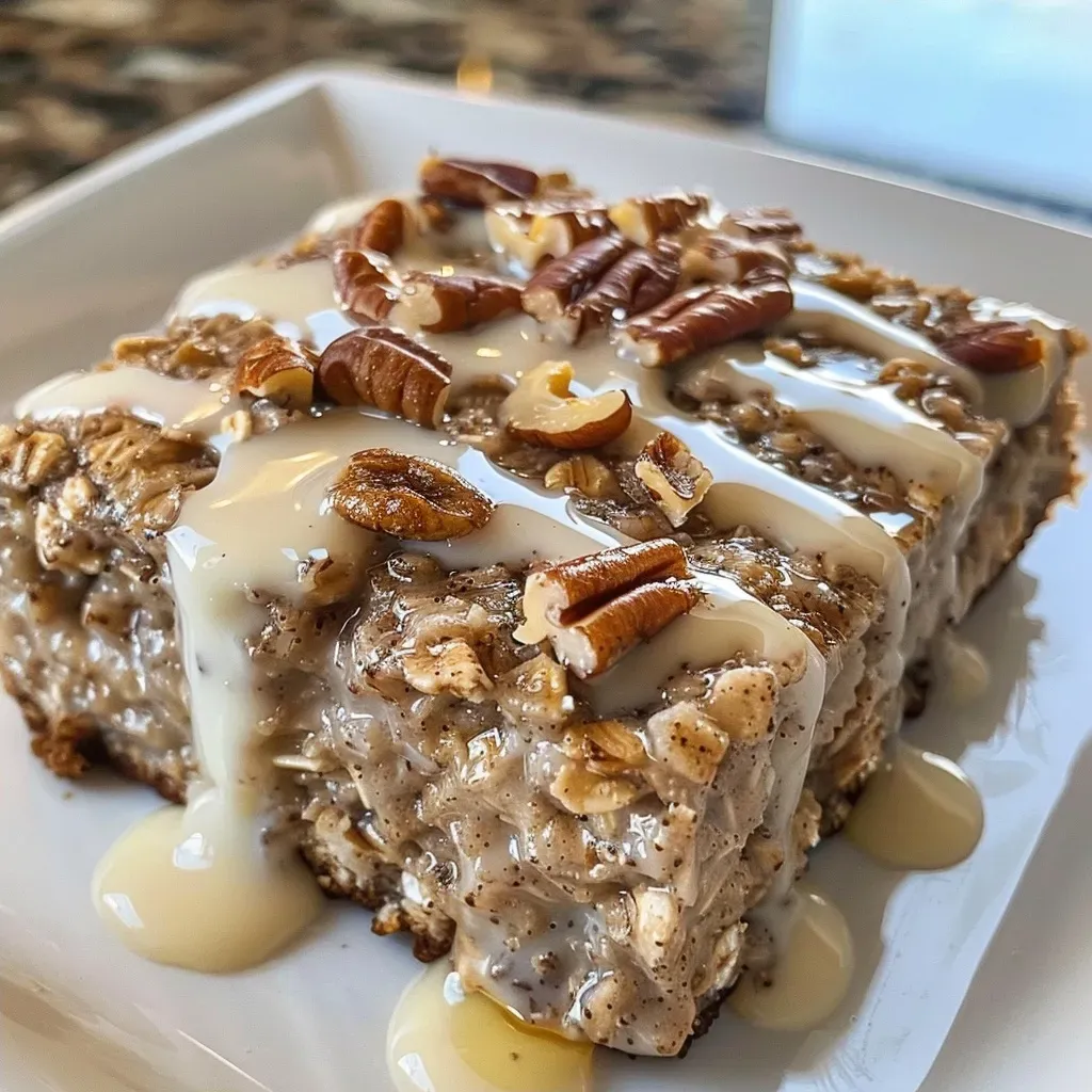 ['Close-up view of a slice of High-Protein Cinnamon Roll Baked Oatmeal, showcasing a golden-brown top with a creamy texture.', 'Side view of a serving of cinnamon roll baked oatmeal, highlighting its moist and fluffy interior with a drizzle of syrup.', 'Detailed shot of baked oatmeal featuring layers of cinnamon and nuts, with a soft, inviting appearance.', 'Close proximity view of a high-protein cinnamon roll oatmeal dish, emphasizing its deliciously baked crust and rich color.']