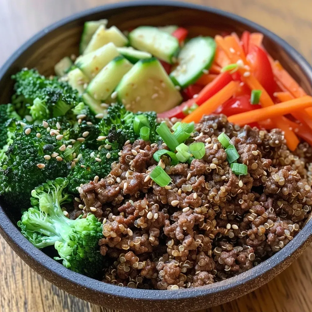 ['Close-up view of a meal prep bowl featuring high protein ground beef and quinoa, garnished with vegetables.', 'Side angle of a colorful meal prep bowl with quinoa, ground beef, and assorted vegetables like broccoli and bell pepper.', 'Juicy high protein ground beef and quinoa bowl with veggies, displayed in a meal prep container.', 'Detailed shot of ground beef and quinoa mix in a bowl, showcasing fresh ingredients and vibrant colors.']
