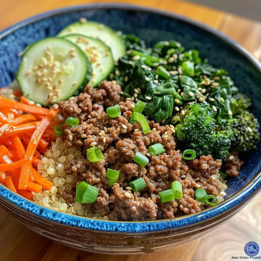 ['Close-up view of a meal prep bowl featuring high protein ground beef and quinoa, garnished with vegetables.', 'Side angle of a colorful meal prep bowl with quinoa, ground beef, and assorted vegetables like broccoli and bell pepper.', 'Juicy high protein ground beef and quinoa bowl with veggies, displayed in a meal prep container.', 'Detailed shot of ground beef and quinoa mix in a bowl, showcasing fresh ingredients and vibrant colors.']