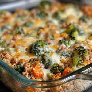 Close-up of a hearty ground turkey casserole with melted cheese on top.