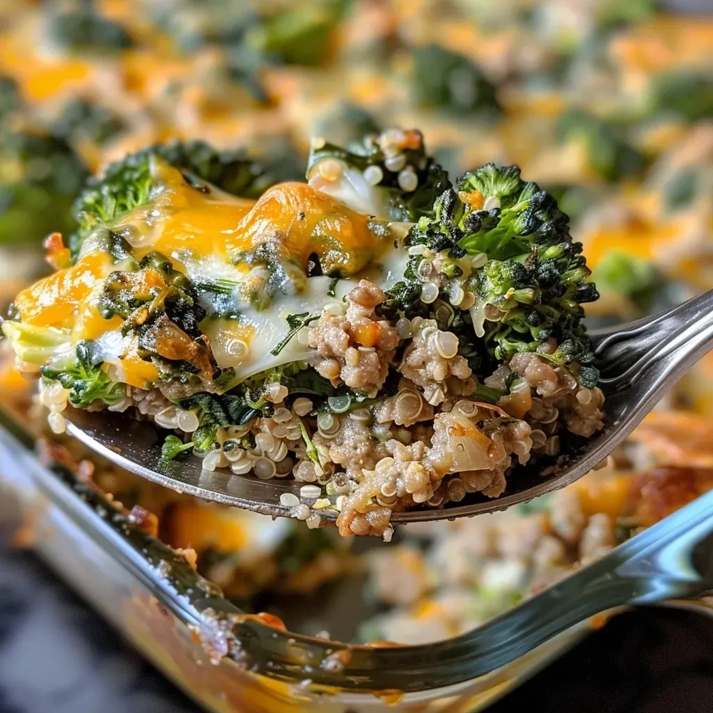 Close-up of a hearty ground turkey casserole with melted cheese on top.