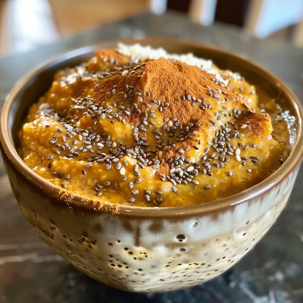 ['Close-up view of creamy pumpkin chia pudding in a clear glass bowl.', 'Side view of a delicious higher protein pumpkin chia pudding topped with whipped cream.', 'Vivid shot of pumpkin chia pudding with chia seeds and a hint of spice visible.', 'Smooth, vibrant pumpkin chia pudding layered in a bowl with a spoon beside it.']