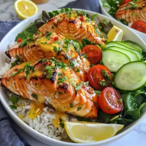Close-up view of a honey mustard salmon bowl with vibrant toppings.