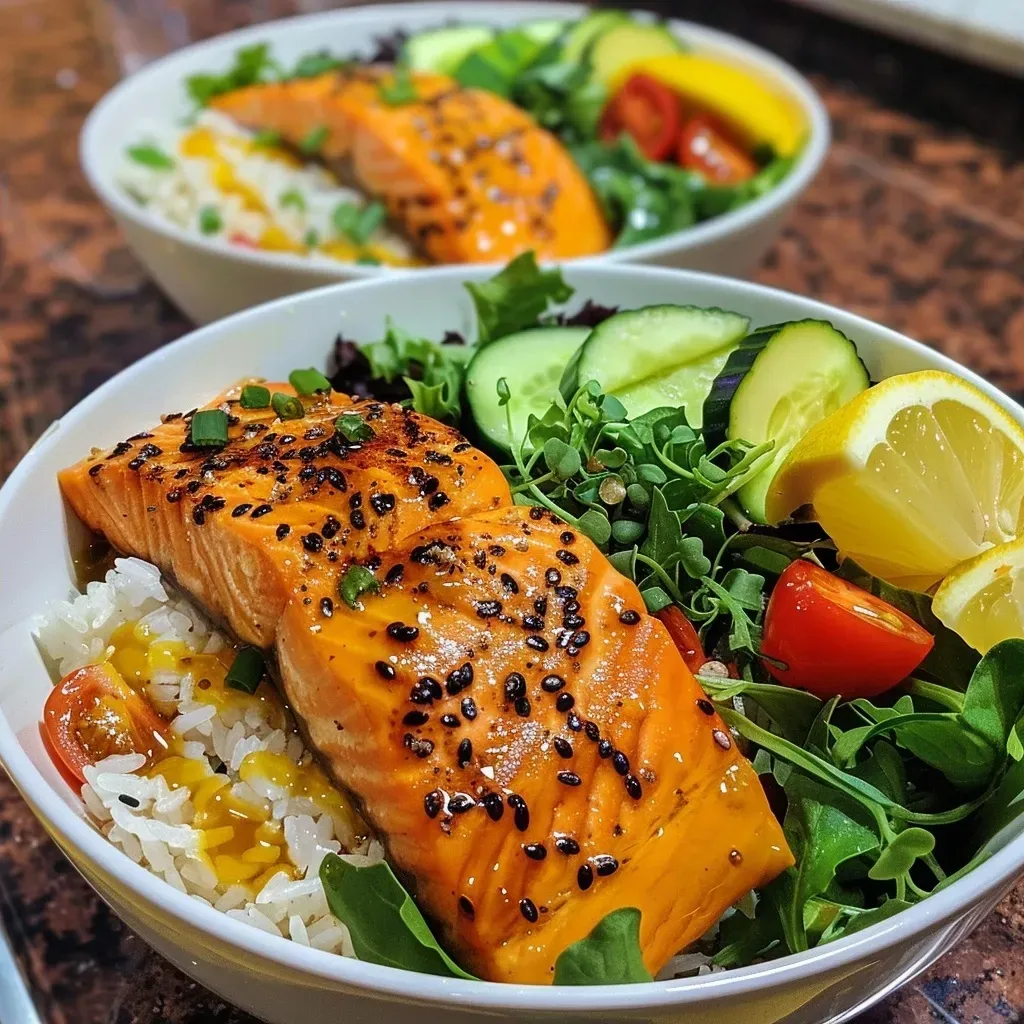 Close-up view of a honey mustard salmon bowl with vibrant toppings.