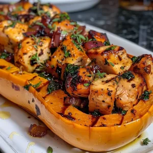 ['A side view of honey roasted butternut squash stuffed with diced chicken, showcasing a golden, caramelized exterior.', 'Close-up of a vibrant butternut squash filled with chicken and herbs, highlighting its succulent texture.', 'A detailed side shot of butternut squash stuffed with colorful ingredients like chicken, spinach, and cranberries.', 'A juicy butternut squash half filled with diced chicken and garnished with herbs, emphasizing its appetizing appearance.']