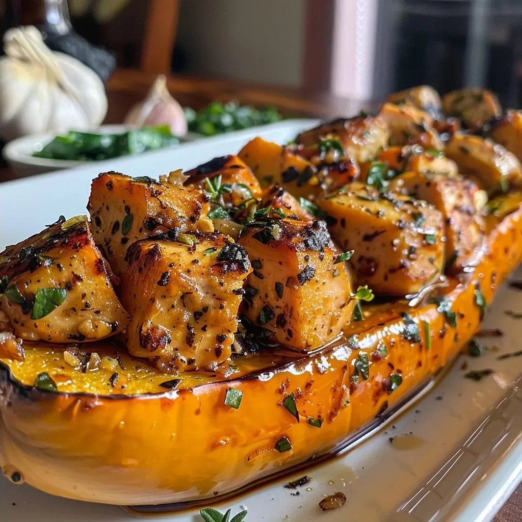 ['A side view of honey roasted butternut squash stuffed with diced chicken, showcasing a golden, caramelized exterior.', 'Close-up of a vibrant butternut squash filled with chicken and herbs, highlighting its succulent texture.', 'A detailed side shot of butternut squash stuffed with colorful ingredients like chicken, spinach, and cranberries.', 'A juicy butternut squash half filled with diced chicken and garnished with herbs, emphasizing its appetizing appearance.']