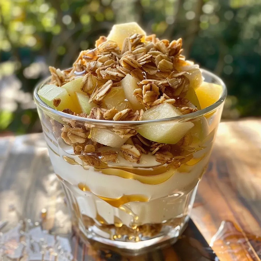 ['Close-up view of Honey Yogurt Parfait layered with diced pear and granola.', 'Side view of a yogurt parfait featuring honey, pear pieces, and a sprinkle of granola.', 'Detailed image of Honey Yogurt Parfait showcasing creamy yogurt, honey drizzle, and fresh pears.', 'Artistic presentation of a parfait with yogurt, diced pears, and granola in a clear glass jar.']