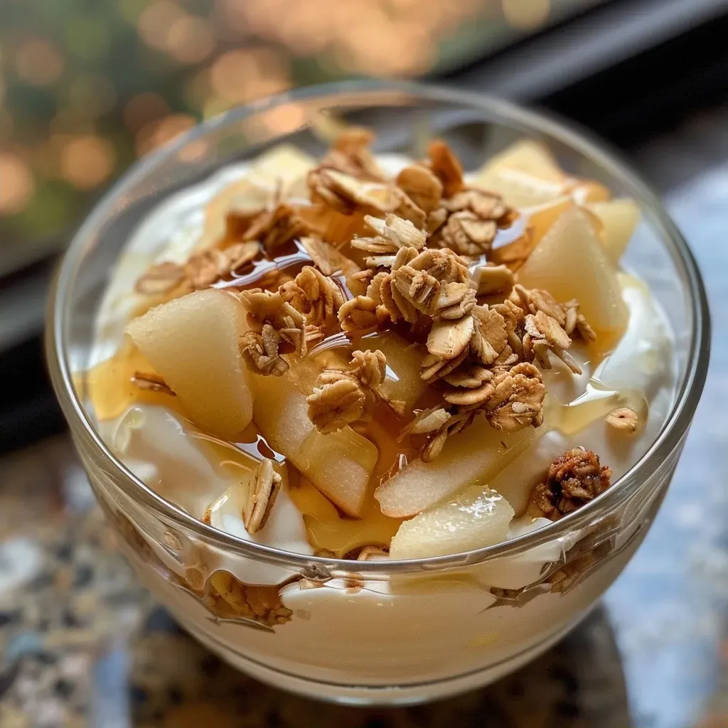 ['Close-up view of Honey Yogurt Parfait layered with diced pear and granola.', 'Side view of a yogurt parfait featuring honey, pear pieces, and a sprinkle of granola.', 'Detailed image of Honey Yogurt Parfait showcasing creamy yogurt, honey drizzle, and fresh pears.', 'Artistic presentation of a parfait with yogurt, diced pears, and granola in a clear glass jar.']