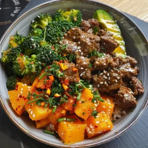 ['Close-up view of a Hot Honey Beef and Butternut Squash Bowl featuring diced butternut squash and seasoned ground beef.', 'Side angle photo of a vibrant bowl filled with beef, butternut squash, and garnished with avocado and yogurt.', 'Detailed look at a colorful dish of Hot Honey Beef with broccoli and butternut squash, topped with hot honey sauce.', 'Close-up image showcasing a delicious bowl of butternut squash, beef, avocado, and Greek yogurt.']