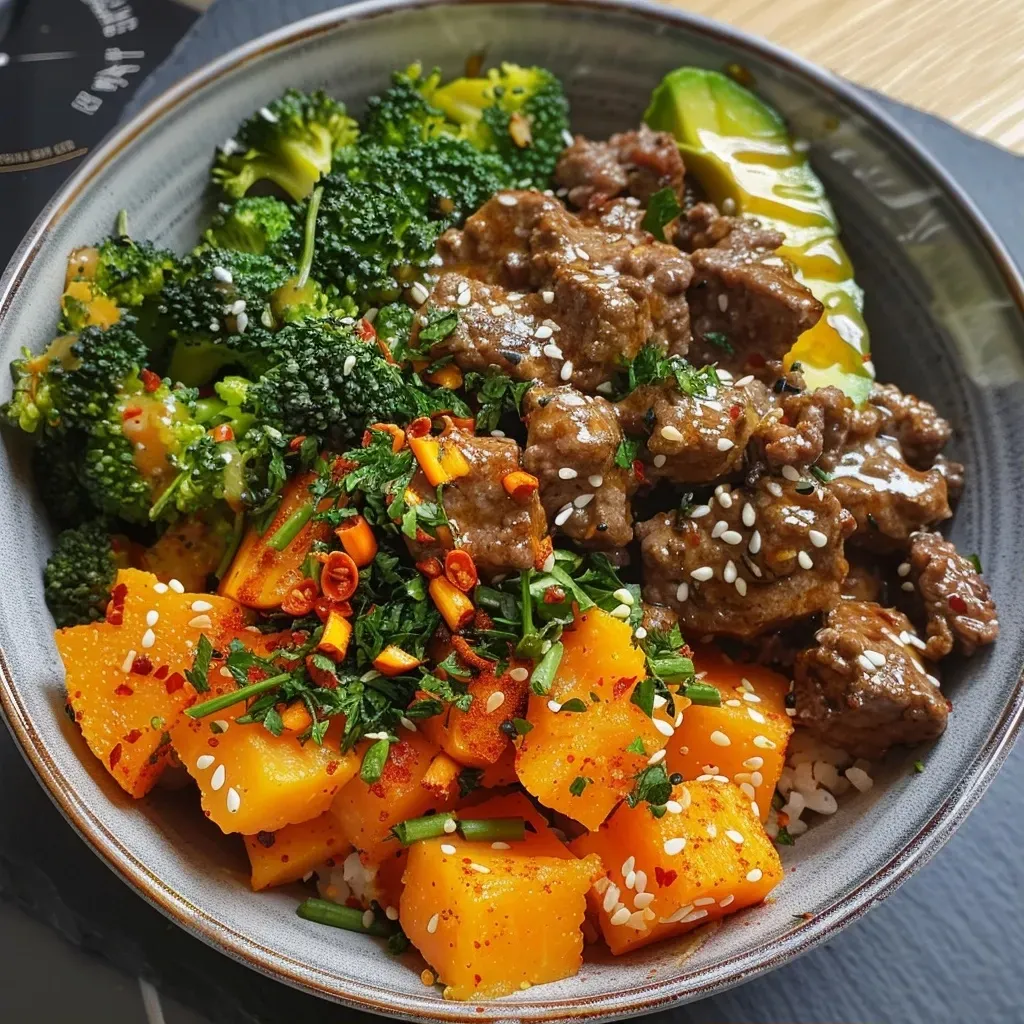['Close-up view of a Hot Honey Beef and Butternut Squash Bowl featuring diced butternut squash and seasoned ground beef.', 'Side angle photo of a vibrant bowl filled with beef, butternut squash, and garnished with avocado and yogurt.', 'Detailed look at a colorful dish of Hot Honey Beef with broccoli and butternut squash, topped with hot honey sauce.', 'Close-up image showcasing a delicious bowl of butternut squash, beef, avocado, and Greek yogurt.']