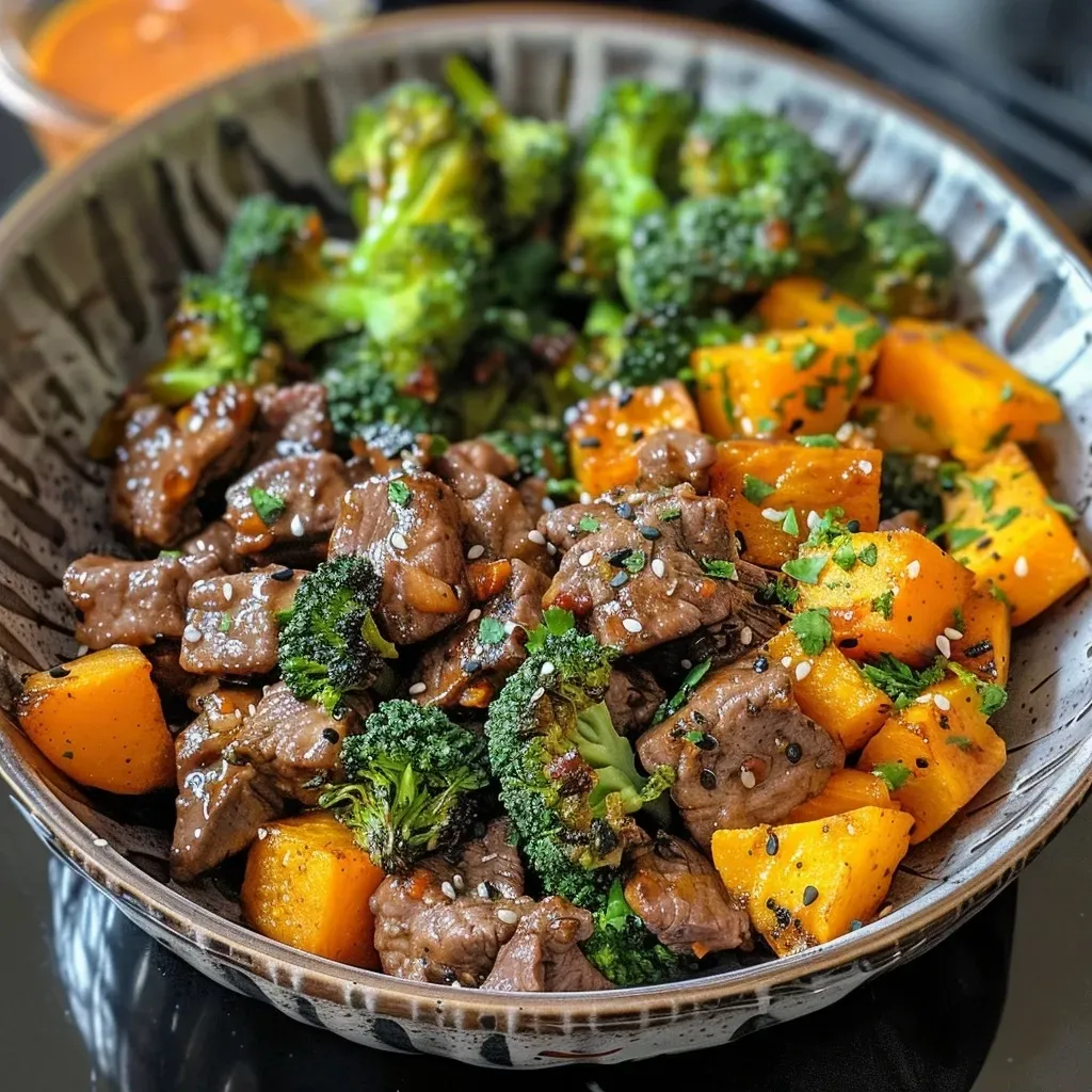 ['Close-up view of a Hot Honey Beef and Butternut Squash Bowl featuring diced butternut squash and seasoned ground beef.', 'Side angle photo of a vibrant bowl filled with beef, butternut squash, and garnished with avocado and yogurt.', 'Detailed look at a colorful dish of Hot Honey Beef with broccoli and butternut squash, topped with hot honey sauce.', 'Close-up image showcasing a delicious bowl of butternut squash, beef, avocado, and Greek yogurt.']