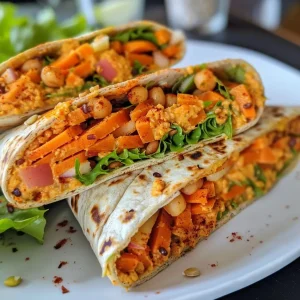 ['Close-up view of a colorful hummus wrap with fresh greens and carrots.', 'Side view of a healthy hummus wrap filled with slices of apple and chickpeas.', 'Juicy hummus wrap showcasing vibrant vegetables and whole grain tortilla.', 'Refreshing hummus wrap featuring crunchy carrots and fresh baby spinach.']
