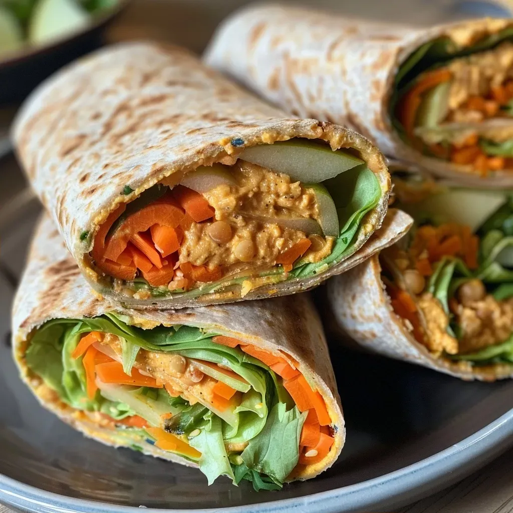 ['Close-up view of a colorful hummus wrap with fresh greens and carrots.', 'Side view of a healthy hummus wrap filled with slices of apple and chickpeas.', 'Juicy hummus wrap showcasing vibrant vegetables and whole grain tortilla.', 'Refreshing hummus wrap featuring crunchy carrots and fresh baby spinach.']