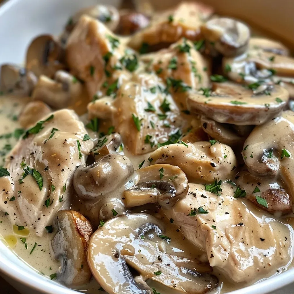 ['Juicy leftover turkey pieces smothered in creamy mushroom sauce, garnished with fresh parsley.', 'Close-up view of tender turkey in a rich mushroom sauce served in a bowl.', 'Shredded turkey mixed with sliced mushrooms in a creamy sauce, plated elegantly.', 'Generous serving of turkey in creamy mushroom sauce with a sprinkle of parsley on top.']