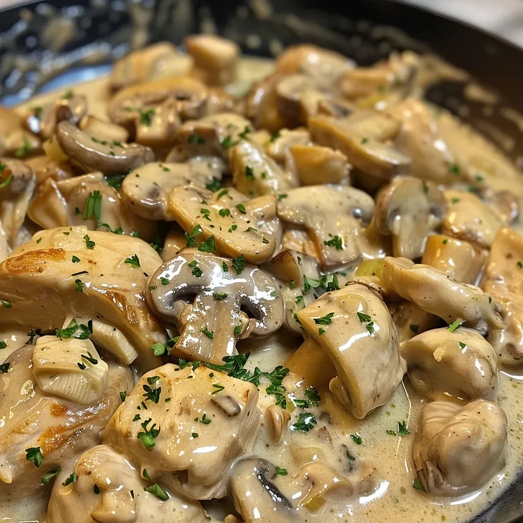 ['Juicy leftover turkey pieces smothered in creamy mushroom sauce, garnished with fresh parsley.', 'Close-up view of tender turkey in a rich mushroom sauce served in a bowl.', 'Shredded turkey mixed with sliced mushrooms in a creamy sauce, plated elegantly.', 'Generous serving of turkey in creamy mushroom sauce with a sprinkle of parsley on top.']