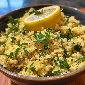['Close-up view of Lemon Herb Couscous with herbs and lemon slices.', 'Side photograph of couscous garnished with lemon and parsley.', 'Delicious Lemon Herb Couscous served in a bowl, showcasing lemon zest.', 'Vibrant Lemon Herb Couscous featuring fresh ingredients and seasonings.']