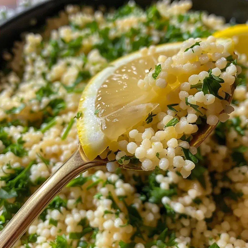 ['Close-up view of Lemon Herb Couscous with herbs and lemon slices.', 'Side photograph of couscous garnished with lemon and parsley.', 'Delicious Lemon Herb Couscous served in a bowl, showcasing lemon zest.', 'Vibrant Lemon Herb Couscous featuring fresh ingredients and seasonings.']