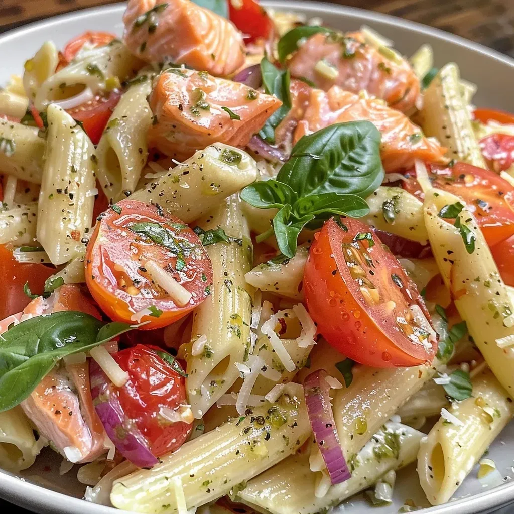 ['A close-up side view of a vibrant Lemon Salmon Pasta Salad featuring colorful ingredients.', 'Juicy Lemon Salmon Pasta Salad displayed in a bowl, showcasing cherry tomatoes and fresh basil.', 'A detailed view of a beautifully plated Lemon Salmon Pasta Salad with penne and a lemon wedge.', 'Side angle of a Lemon Salmon Pasta Salad with salmon, pesto, and grated parmesan.']