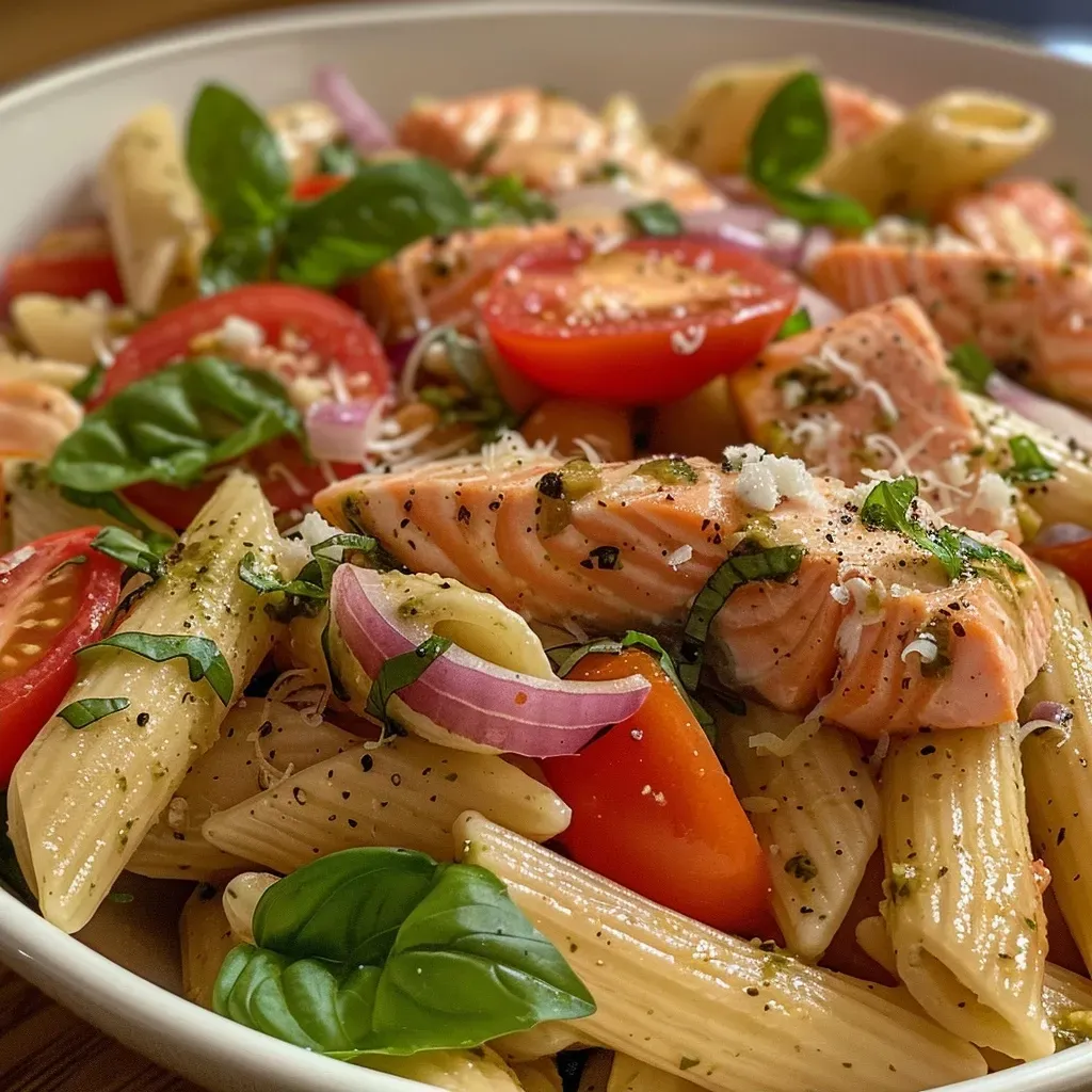 ['A close-up side view of a vibrant Lemon Salmon Pasta Salad featuring colorful ingredients.', 'Juicy Lemon Salmon Pasta Salad displayed in a bowl, showcasing cherry tomatoes and fresh basil.', 'A detailed view of a beautifully plated Lemon Salmon Pasta Salad with penne and a lemon wedge.', 'Side angle of a Lemon Salmon Pasta Salad with salmon, pesto, and grated parmesan.']