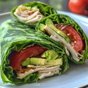Close-up of a turkey spinach wrap filled with avocado, tomato, and lettuce.