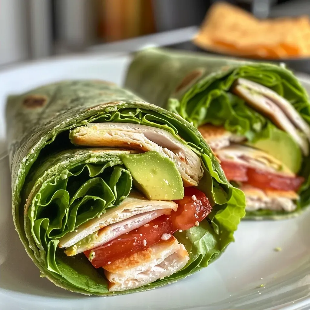 Close-up of a turkey spinach wrap filled with avocado, tomato, and lettuce.