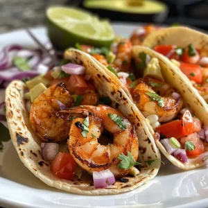 Close-up view of Macro Friendly Shrimp Tacos with fresh ingredients.