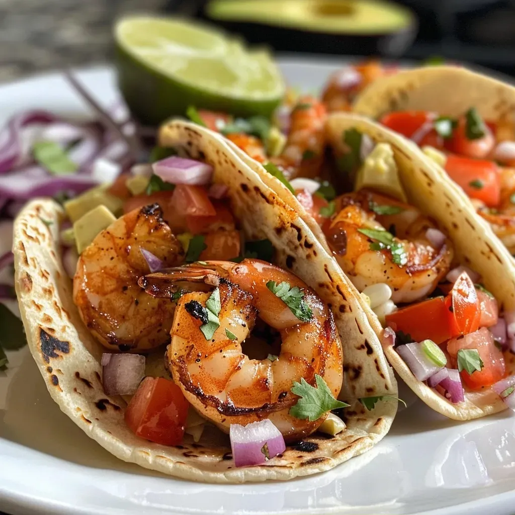 ['Close-up view of Macro Friendly Shrimp Tacos with fresh ingredients.', 'Juicy shrimp tacos topped with avocado, cabbage, and tomatoes.', 'Colorful shrimp tacos on small tortillas with cilantro and lime.', 'Delicious shrimp tacos featuring Greek yogurt and vibrant toppings.']
