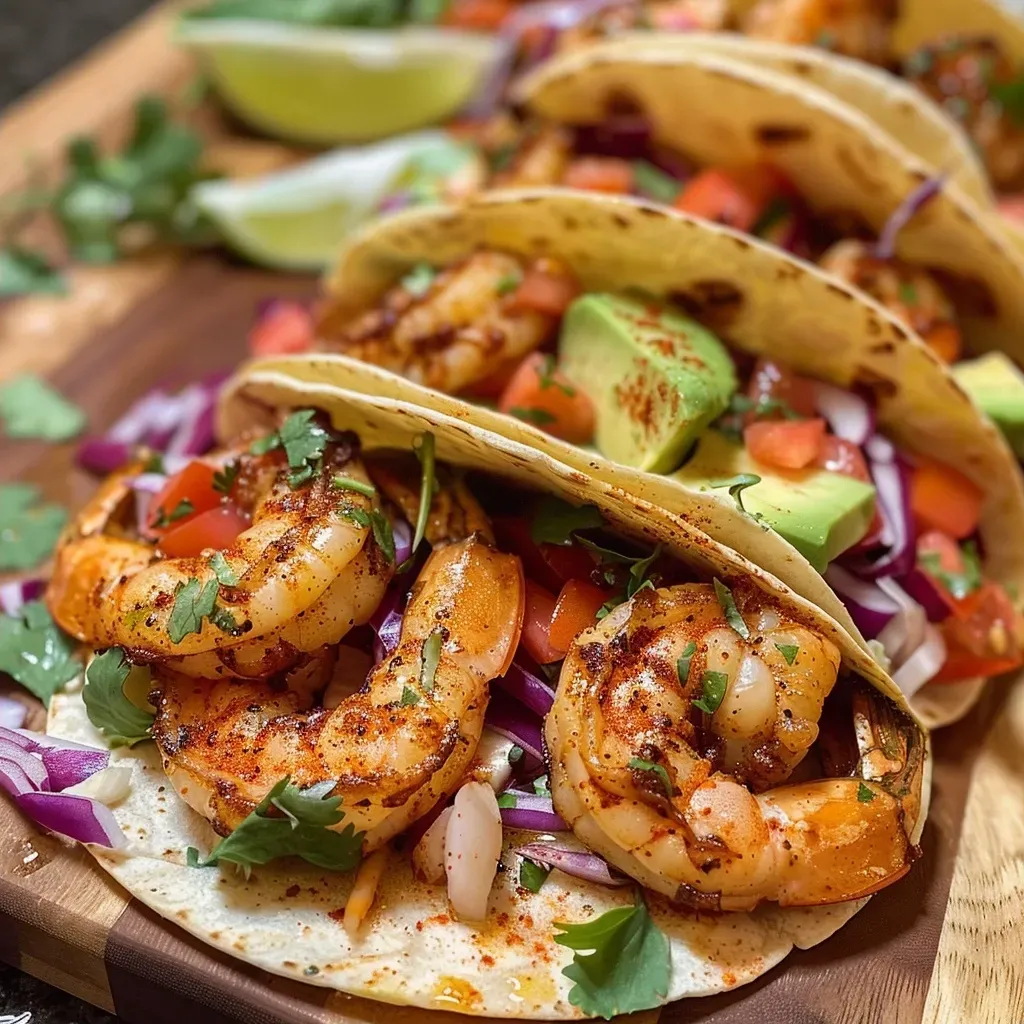 Close-up view of Macro Friendly Shrimp Tacos with fresh ingredients.