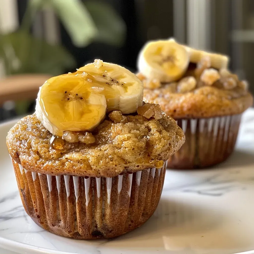 ['Side view of warm, golden-brown Maple Banana Muffins on a rustic wooden table.', 'Close-up shot showcasing the moist texture of Maple Banana Muffins with a glossy maple glaze.', 'A delicious array of Maple Banana Muffins, highlighting their fluffy top and enticing golden crust.', 'Detailed view of freshly baked Maple Banana Muffins, boasting a rich banana and maple flavor.']