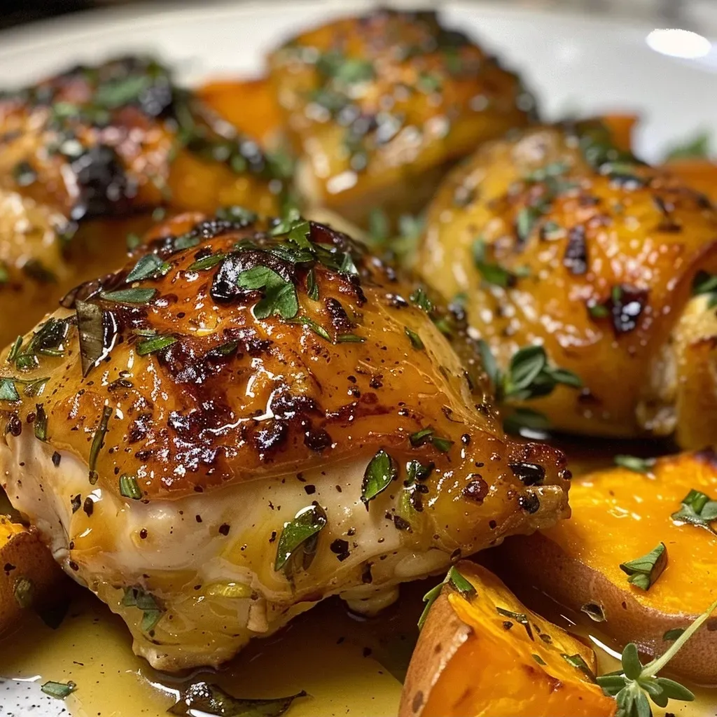 ['Close-up view of Maple Dijon Chicken atop sweet potato slices, garnished with fresh herbs.', 'Juicy boneless chicken breasts glazed with maple dijon sauce, accompanied by roasted sweet potatoes.', 'Side view of a bowl featuring Maple Dijon Chicken and vibrant sweet potato chunks.', 'Detail shot of a meal with chicken drizzled in a sticky glaze, served with colorful sweet potatoes.']