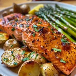 ['Close-up view of glazed salmon fillets atop roasted baby potatoes and asparagus.', 'Juicy salmon fillets drizzled with maple Dijon glaze, surrounded by colorful vegetables.', 'Side view of a delicious sheet pan meal featuring salmon, potatoes, and asparagus.', 'Succulent salmon fillets with a glossy glaze, served with halved baby potatoes and asparagus.']
