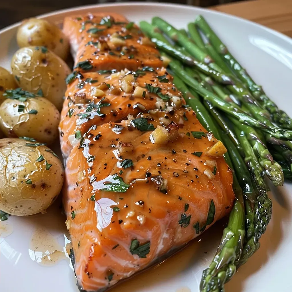 ['Close-up view of glazed salmon fillets atop roasted baby potatoes and asparagus.', 'Juicy salmon fillets drizzled with maple Dijon glaze, surrounded by colorful vegetables.', 'Side view of a delicious sheet pan meal featuring salmon, potatoes, and asparagus.', 'Succulent salmon fillets with a glossy glaze, served with halved baby potatoes and asparagus.']