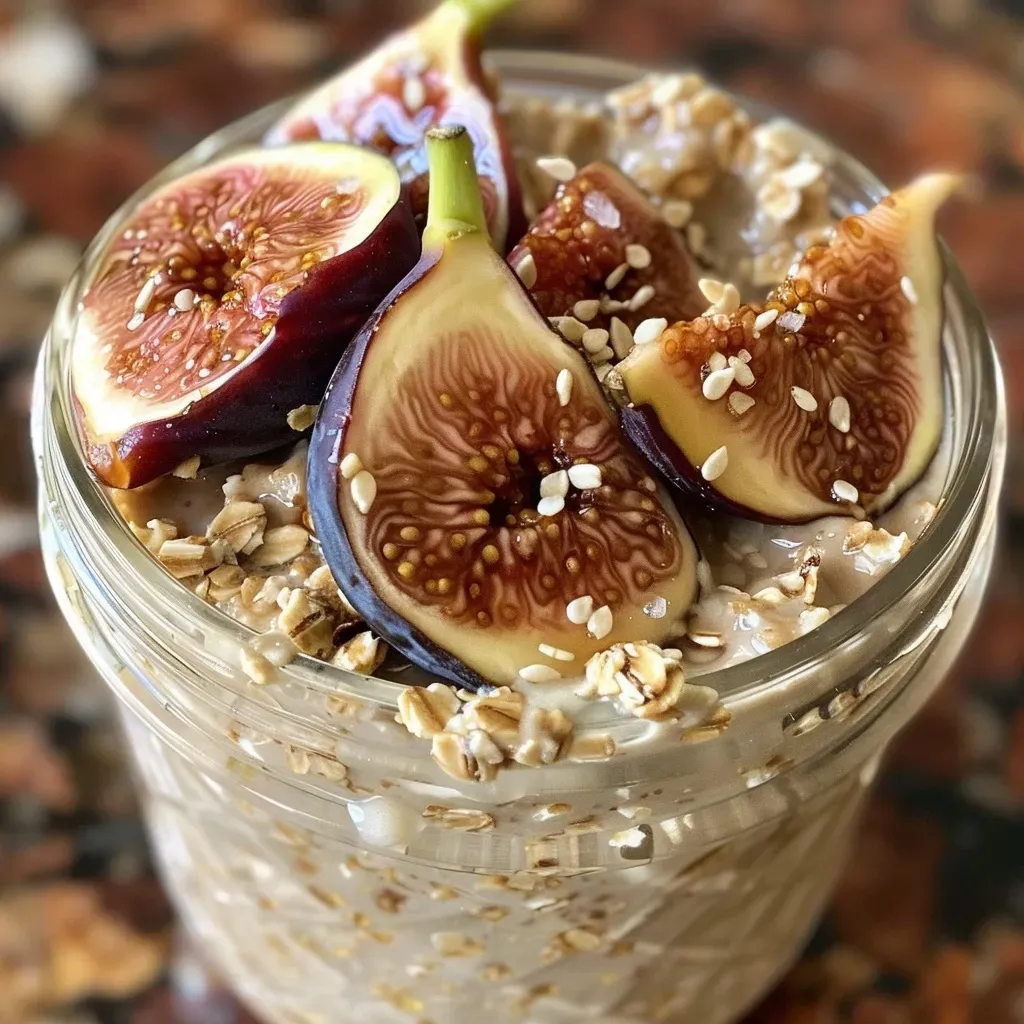 ['Close-up of a Mason jar filled with Maple Fig Tahini Overnight Oats.', 'Side view of overnight oats layered with figs and tahini in a glass jar.', 'Delicious Maple Fig Tahini Overnight Oats in a jar, showing oats and fruit.', 'Wooden table setting with a Mason jar of creamy Maple Fig Tahini Overnight Oats.']
