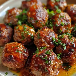 ['Close-up of juicy Maple Meatballs with a glaze, served on a plate.', 'Side view of golden-brown Maple Meatballs drizzled with sauce.', 'Juicy meatballs topped with a shiny maple syrup glaze against a white background.', 'A delicious cluster of Maple Meatballs showcasing their rich color and texture.']