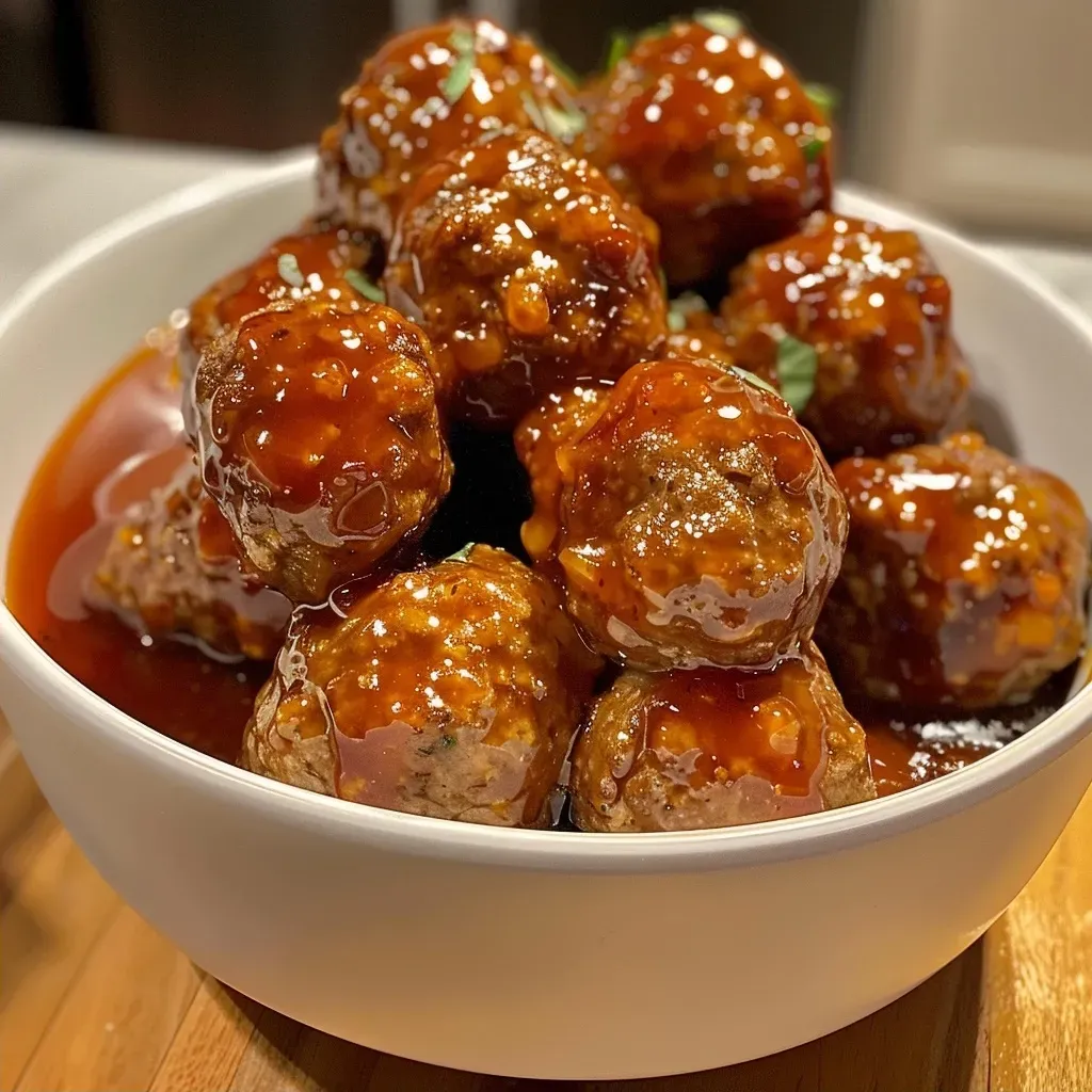 ['Close-up of juicy Maple Meatballs with a glaze, served on a plate.', 'Side view of golden-brown Maple Meatballs drizzled with sauce.', 'Juicy meatballs topped with a shiny maple syrup glaze against a white background.', 'A delicious cluster of Maple Meatballs showcasing their rich color and texture.']