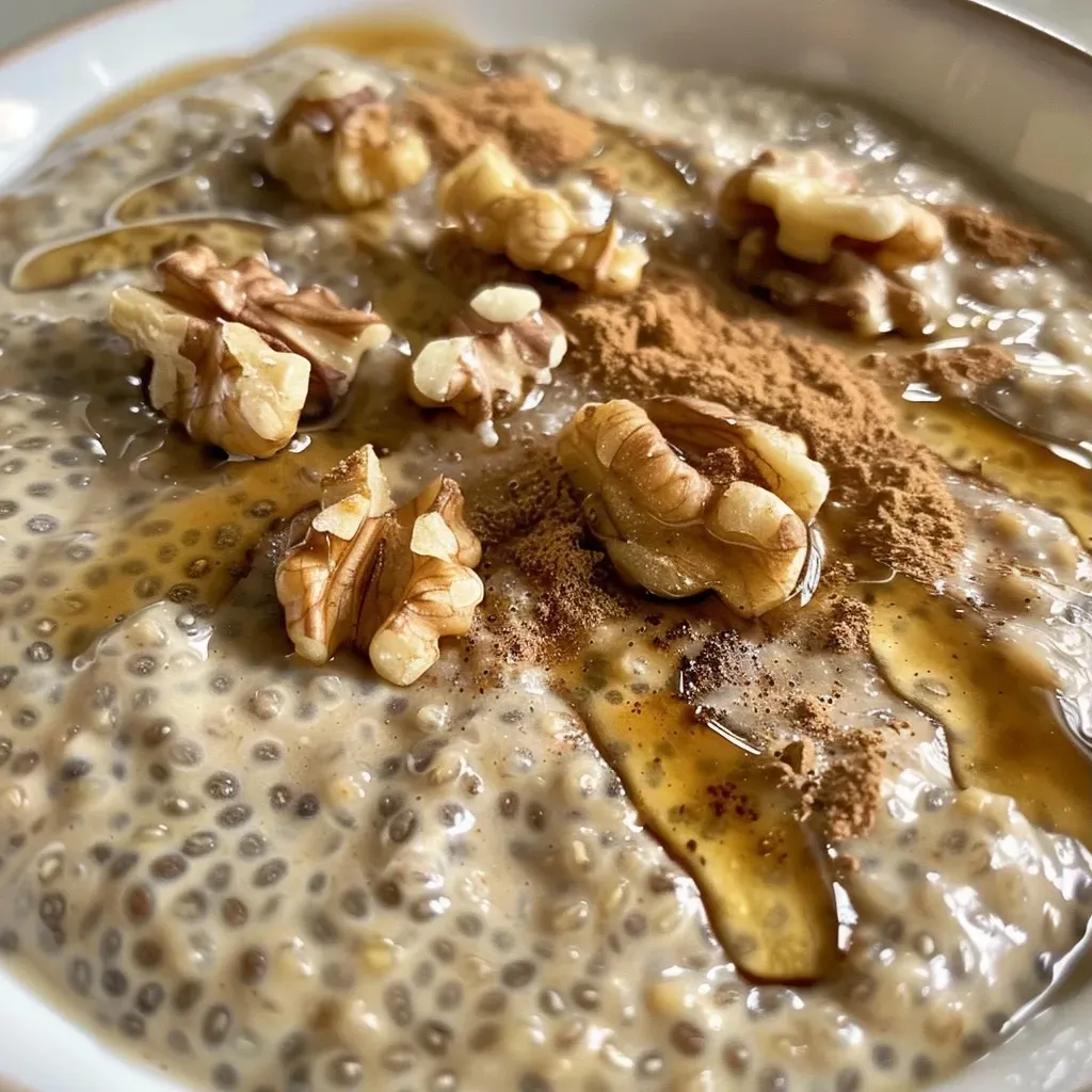 ['Close-up view of creamy Maple Walnut Chia Pudding topped with walnuts and a drizzle of maple syrup.', 'Side angle of vibrant Maple Walnut Chia Pudding in a clear glass, showcasing its texture and ingredients.', 'Detailed shot of a dessert spoon resting beside a bowl of Maple Walnut Chia Pudding garnished with walnuts.', 'Close-up photo of Maple Walnut Chia Pudding with chia seeds visible, presented in a stylish bowl.']