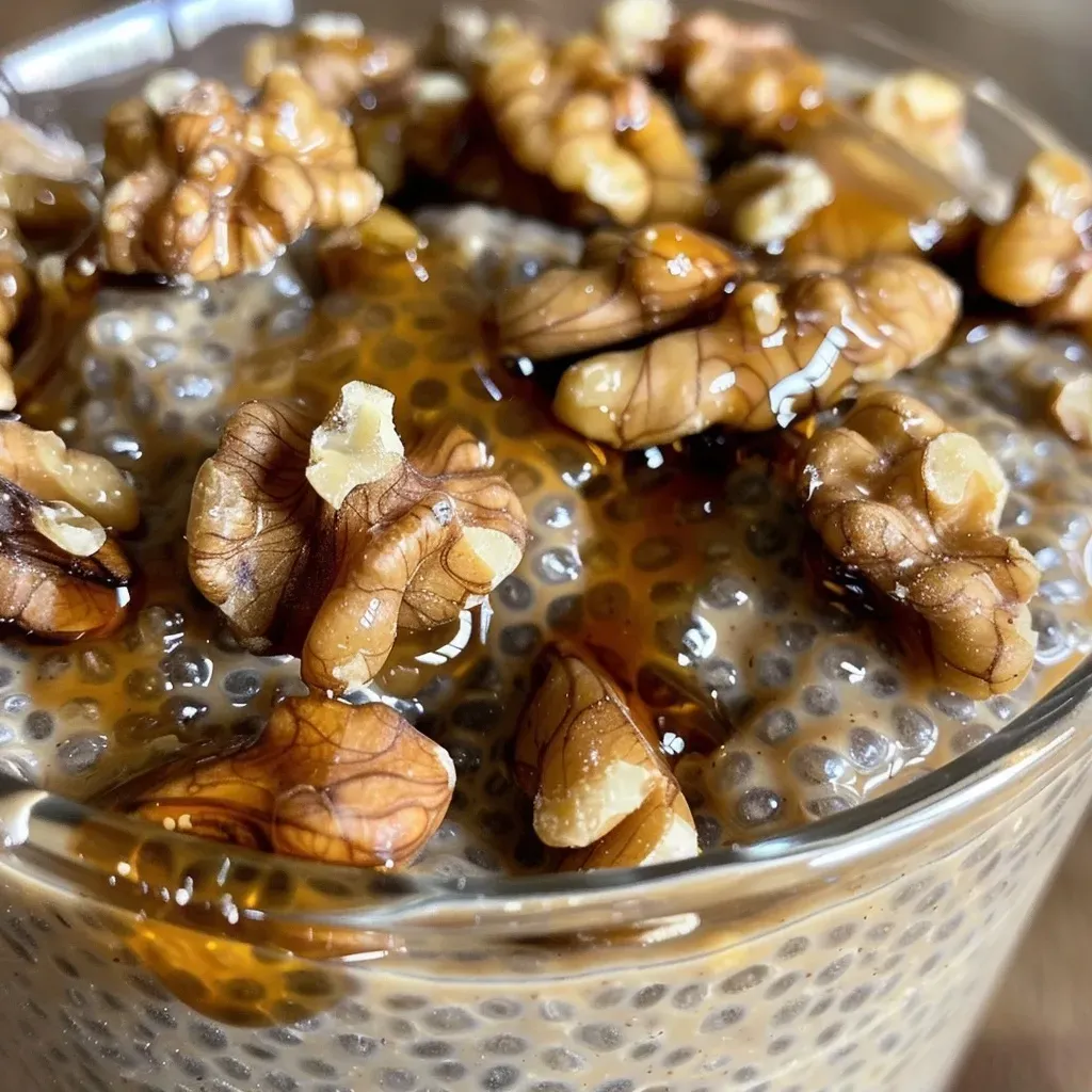 ['Close-up view of creamy Maple Walnut Chia Pudding topped with walnuts and a drizzle of maple syrup.', 'Side angle of vibrant Maple Walnut Chia Pudding in a clear glass, showcasing its texture and ingredients.', 'Detailed shot of a dessert spoon resting beside a bowl of Maple Walnut Chia Pudding garnished with walnuts.', 'Close-up photo of Maple Walnut Chia Pudding with chia seeds visible, presented in a stylish bowl.']