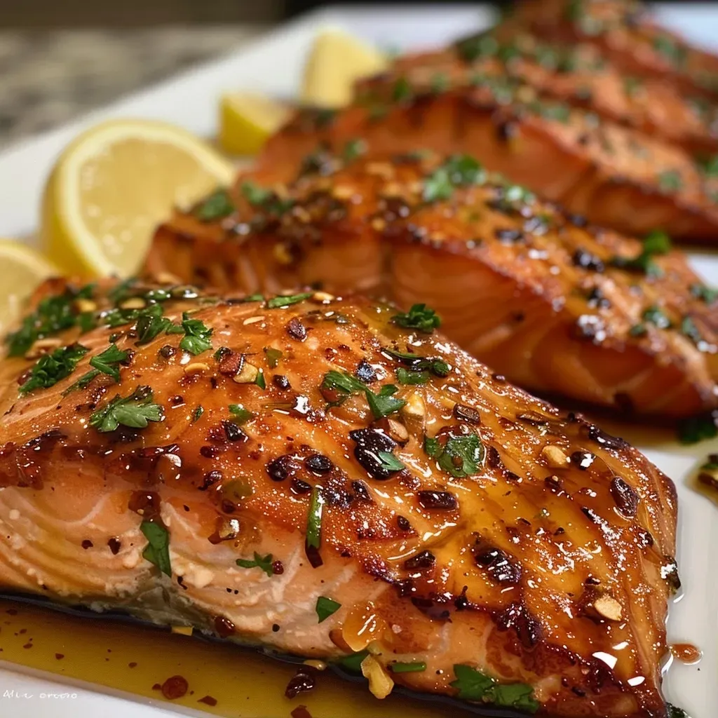 ['Close-up view of marinated salmon fillets glistening with sauce.', 'Juicy marinated salmon displayed on a plate with lemon wedges.', 'Side view of succulent salmon fillets with a vibrant marinade.', 'Deliciously marinated salmon garnished with fresh herbs and lemon.']