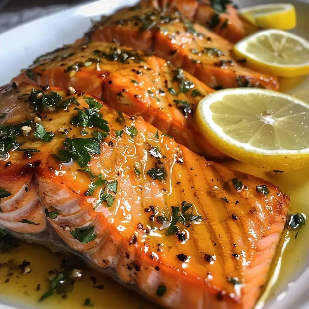 ['Close-up view of marinated salmon fillets glistening with sauce.', 'Juicy marinated salmon displayed on a plate with lemon wedges.', 'Side view of succulent salmon fillets with a vibrant marinade.', 'Deliciously marinated salmon garnished with fresh herbs and lemon.']