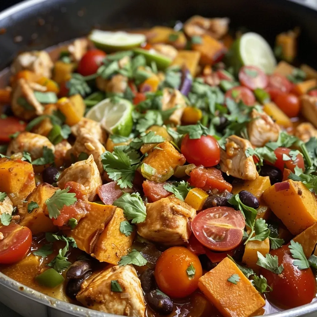 ['A vibrant close-up of a skillet filled with Mexican chicken and sweet potatoes, garnished with fresh cilantro.', 'A side view of a colorful dish showcasing diced chicken, sweet potatoes, cherry tomatoes, and black beans in a skillet.', 'Juicy Mexican chicken and sweet potato meal in a skillet with melted cheese on top, highlighting the fresh ingredients.', 'Close-up of a delicious Mexican chicken and sweet potato skillet, featuring a medley of colorful vegetables and garnishes.']