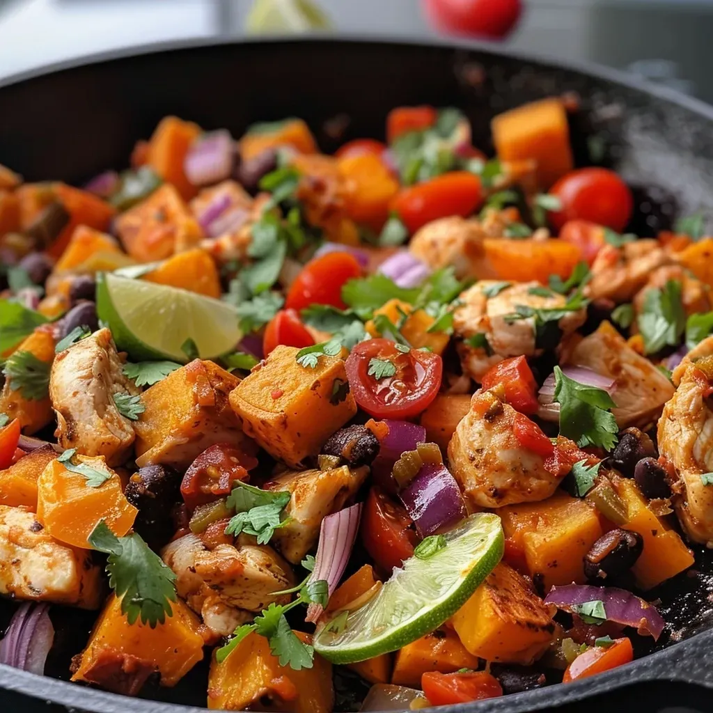 ['A vibrant close-up of a skillet filled with Mexican chicken and sweet potatoes, garnished with fresh cilantro.', 'A side view of a colorful dish showcasing diced chicken, sweet potatoes, cherry tomatoes, and black beans in a skillet.', 'Juicy Mexican chicken and sweet potato meal in a skillet with melted cheese on top, highlighting the fresh ingredients.', 'Close-up of a delicious Mexican chicken and sweet potato skillet, featuring a medley of colorful vegetables and garnishes.']