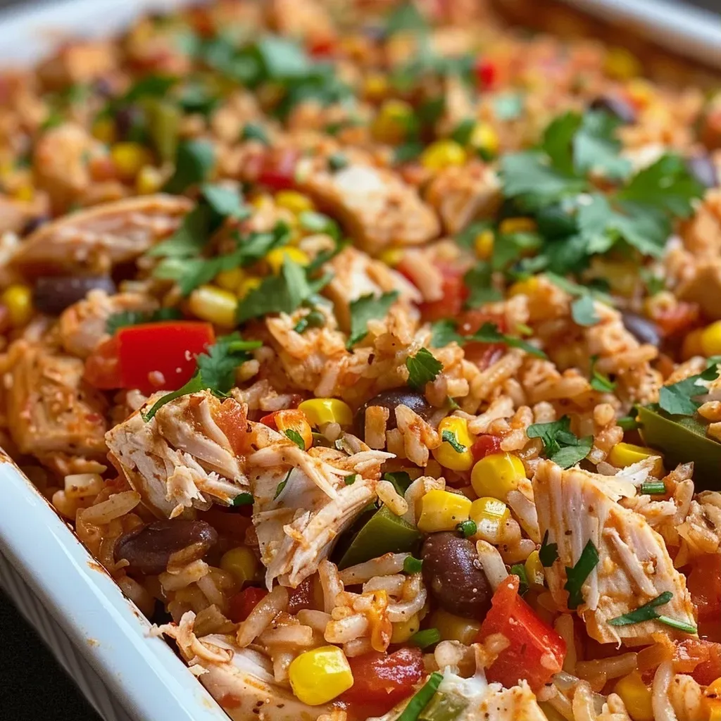 ['Side view close-up of a juicy Mexican Inspired Turkey Rice Casserole topped with melted cheese.', 'A vibrant bowl of Mexican Inspired Turkey Rice Casserole, showcasing colorful ingredients.', 'Close-up view of turkey rice casserole featuring colorful peppers and beans, with cheese on top.', 'Delicious Mexican turkey casserole, highlighting layers of rice, turkey, and fresh vegetables.']