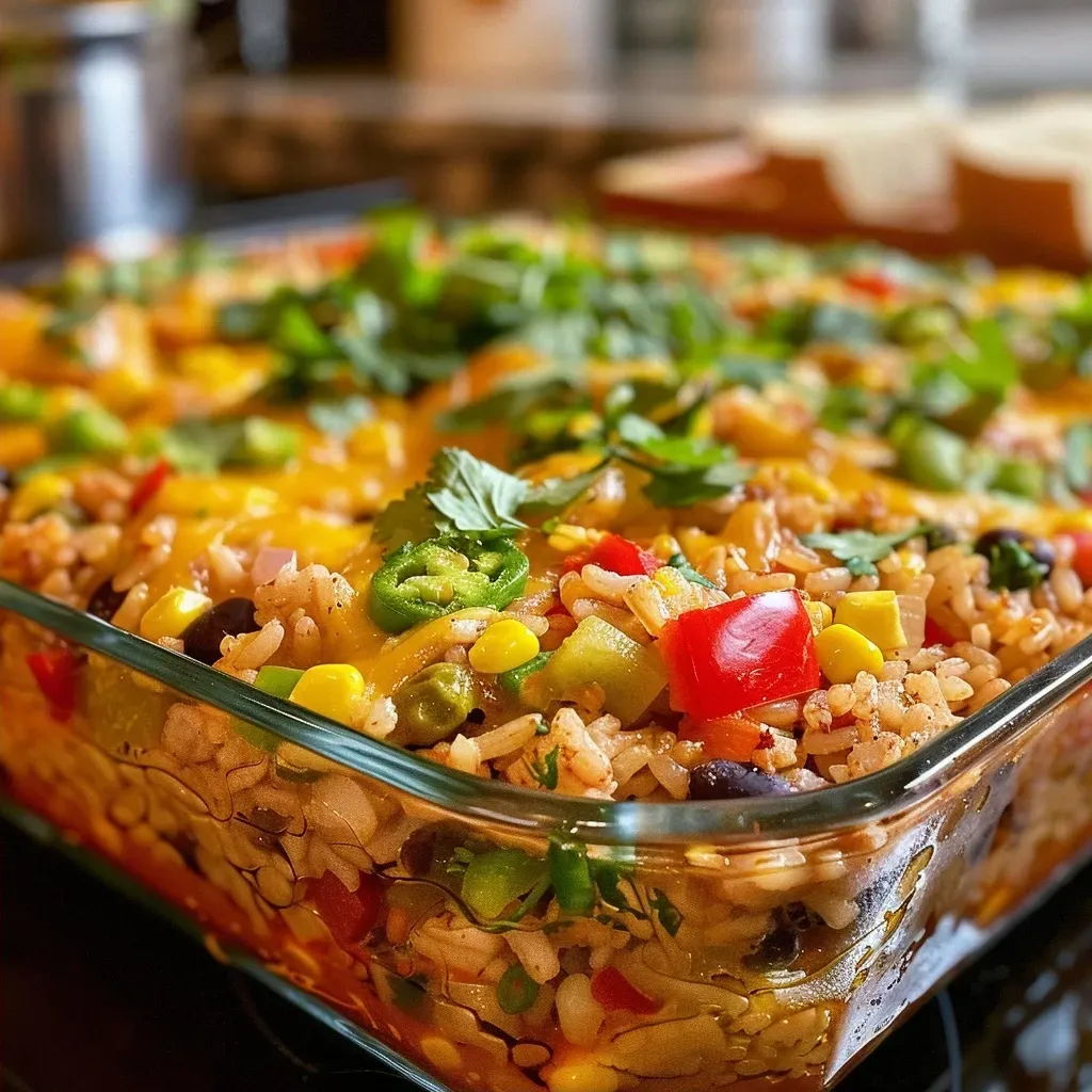['Side view close-up of a juicy Mexican Inspired Turkey Rice Casserole topped with melted cheese.', 'A vibrant bowl of Mexican Inspired Turkey Rice Casserole, showcasing colorful ingredients.', 'Close-up view of turkey rice casserole featuring colorful peppers and beans, with cheese on top.', 'Delicious Mexican turkey casserole, highlighting layers of rice, turkey, and fresh vegetables.']