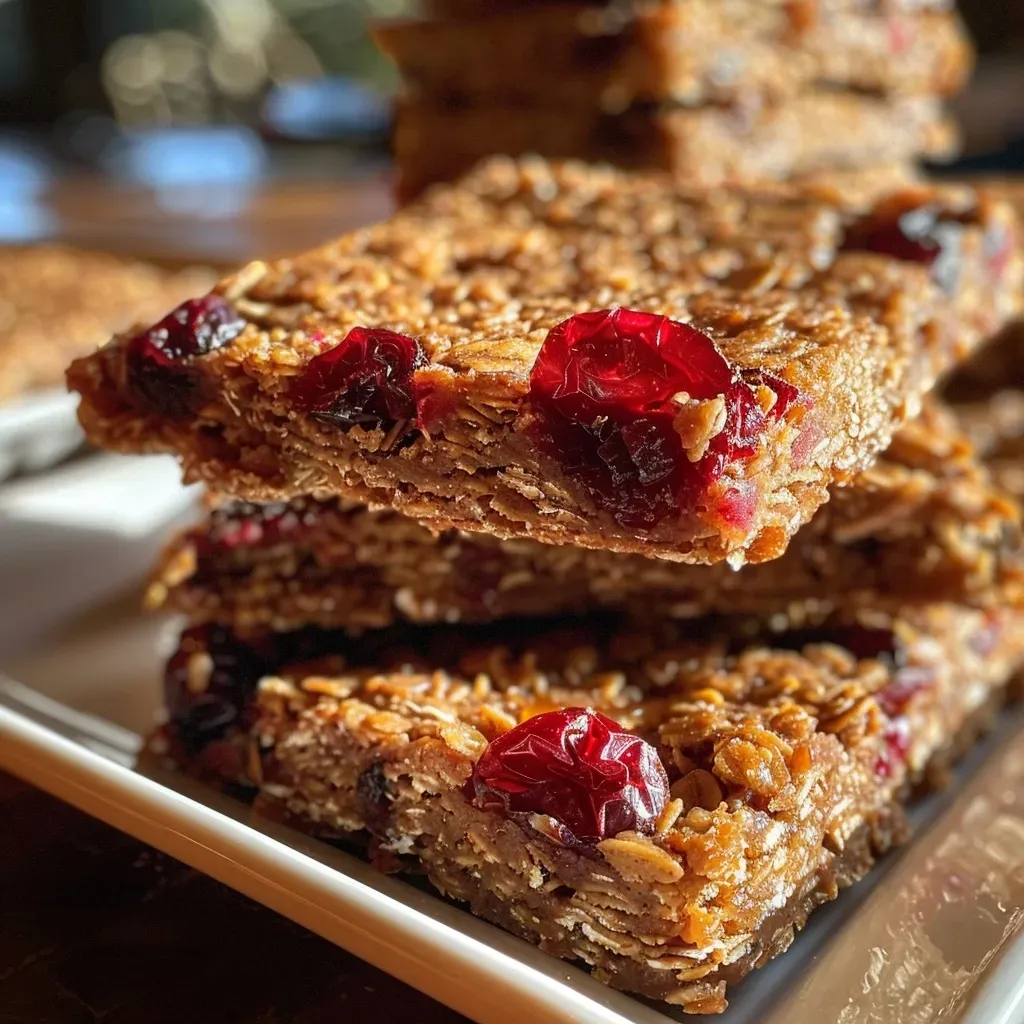 ['Close-up of oatmeal cranberry bars showcasing their chewy texture and colorful cranberries.', 'Side view of freshly baked oatmeal cranberry bars, highlighting the oats and cranberries.', 'Detailed shot of oatmeal cranberry bars, emphasizing their golden-brown top and fruity ingredients.', 'Appetizing close-up of oatmeal cranberry bars, revealing a soft texture and vibrant cranberries.']