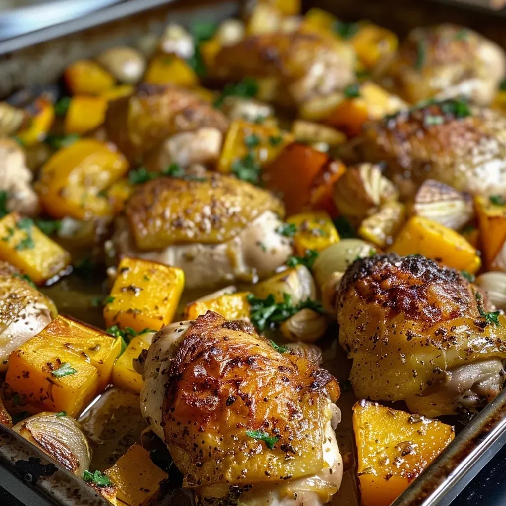['Close-up view of a one pan chicken and squash dish with golden-brown chicken thighs and tender butternut squash.', 'Side angle shot of a delicious one pan meal featuring chicken thighs, garlic, and vibrant squash.', 'Tantalizing close-up of a one pan chicken and squash dinner, showcasing a variety of textures and colors.', 'Detailed image of a one pan dinner with chicken, butternut squash, and aromatic garlic, presented in a homestyle setting.']