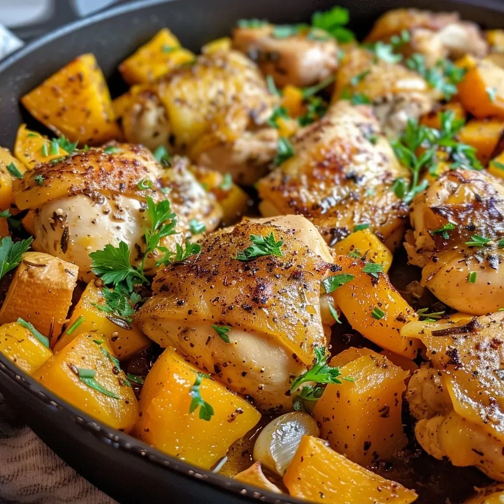 ['Close-up view of a one pan chicken and squash dish with golden-brown chicken thighs and tender butternut squash.', 'Side angle shot of a delicious one pan meal featuring chicken thighs, garlic, and vibrant squash.', 'Tantalizing close-up of a one pan chicken and squash dinner, showcasing a variety of textures and colors.', 'Detailed image of a one pan dinner with chicken, butternut squash, and aromatic garlic, presented in a homestyle setting.']