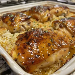 ['Close-up view of a One-Pan Honey Mustard Chicken and Rice Bake with vibrant colors.', 'Juicy chicken breasts over fluffy rice, glazed with honey mustard sauce.', 'Side view of a delectable One-Pan Honey Mustard Chicken and Rice Bake.', 'Appetizing chicken dish with golden-brown chicken and rice garnished with herbs.']