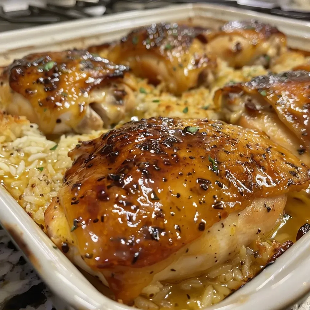 ['Close-up view of a One-Pan Honey Mustard Chicken and Rice Bake with vibrant colors.', 'Juicy chicken breasts over fluffy rice, glazed with honey mustard sauce.', 'Side view of a delectable One-Pan Honey Mustard Chicken and Rice Bake.', 'Appetizing chicken dish with golden-brown chicken and rice garnished with herbs.']