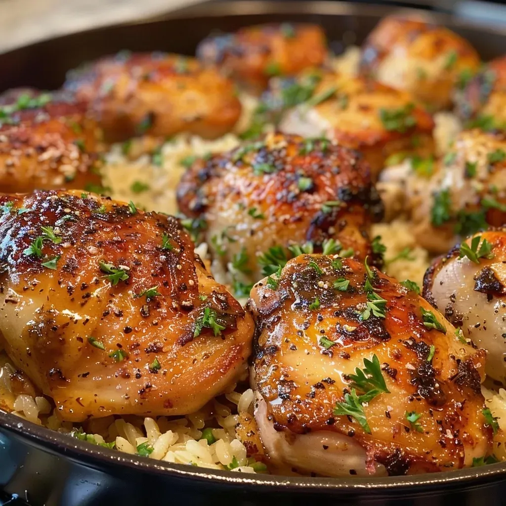 ['Close-up view of a One-Pan Honey Mustard Chicken and Rice Bake with vibrant colors.', 'Juicy chicken breasts over fluffy rice, glazed with honey mustard sauce.', 'Side view of a delectable One-Pan Honey Mustard Chicken and Rice Bake.', 'Appetizing chicken dish with golden-brown chicken and rice garnished with herbs.']