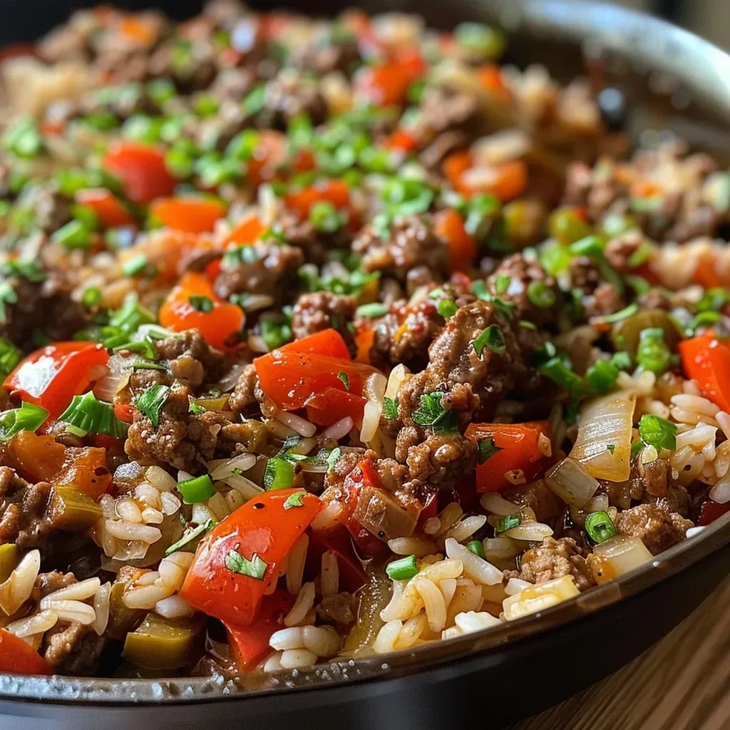 ['A close-up view of a delicious One-Pot Beef and Rice Skillet with colorful vegetables, showcasing its juicy texture.', 'A side view image of a One-Pot Beef and Rice Skillet, highlighting the ground beef and rice mixed with bell peppers and onions.', 'A vibrant close-up of a One-Pot Beef and Rice Skillet, displaying the rich colors of beef, rice, and vegetables in a glossy finish.', 'A detailed photo of a One-Pot Beef and Rice Skillet, emphasizing the savory ingredients and inviting presentation.']